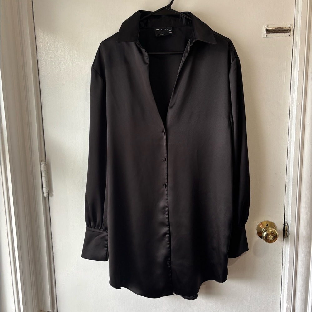 ASOS | PETITE SLOUCHY SATIN PLUNGE SHIRTDRESS | SIZE 8 | BLACK